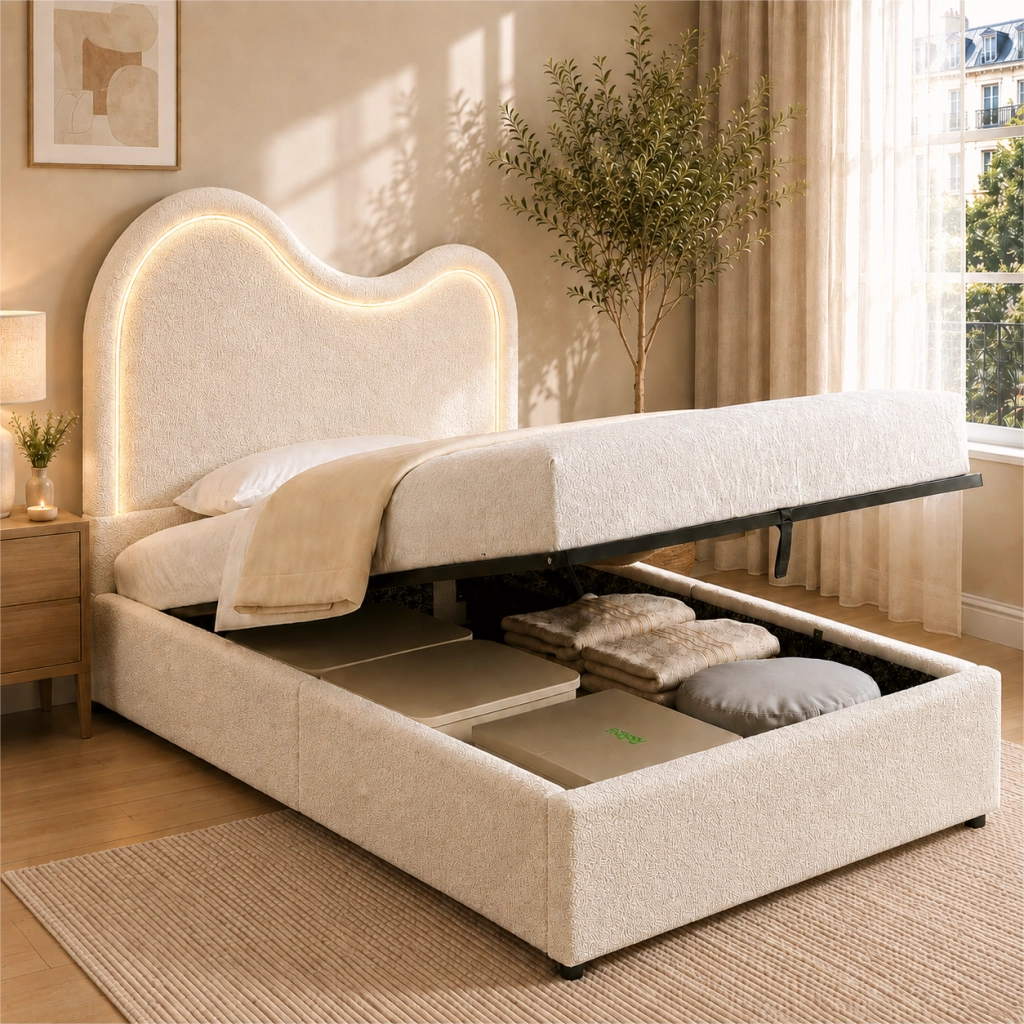 Letto singolo per bambini 90 ¡Á 200 cm con vano contenitore idraulico rete a doghe testiera boucl¨¦ bianco