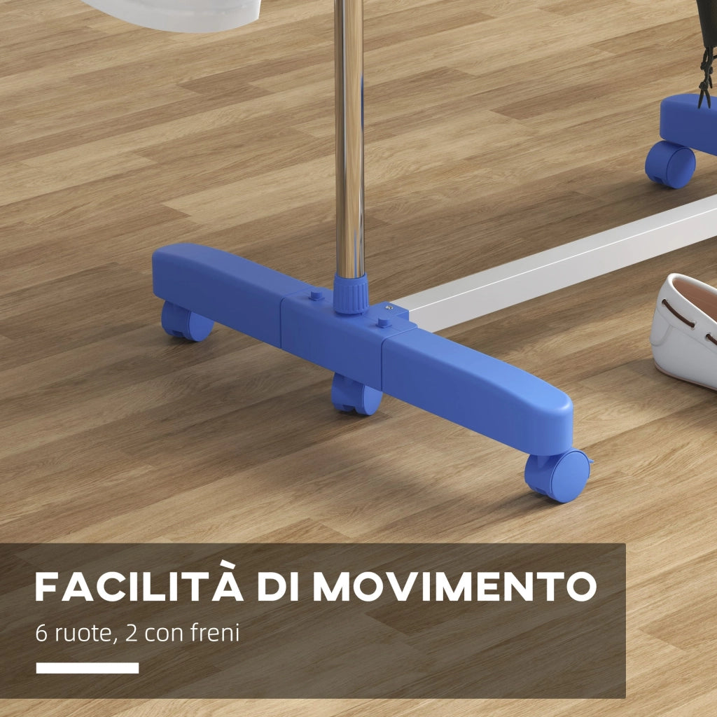 Stendino Verticale con 4 Ripiani Regolabili 142x55x172 cm in Acciaio e Plastica Blu e Argento