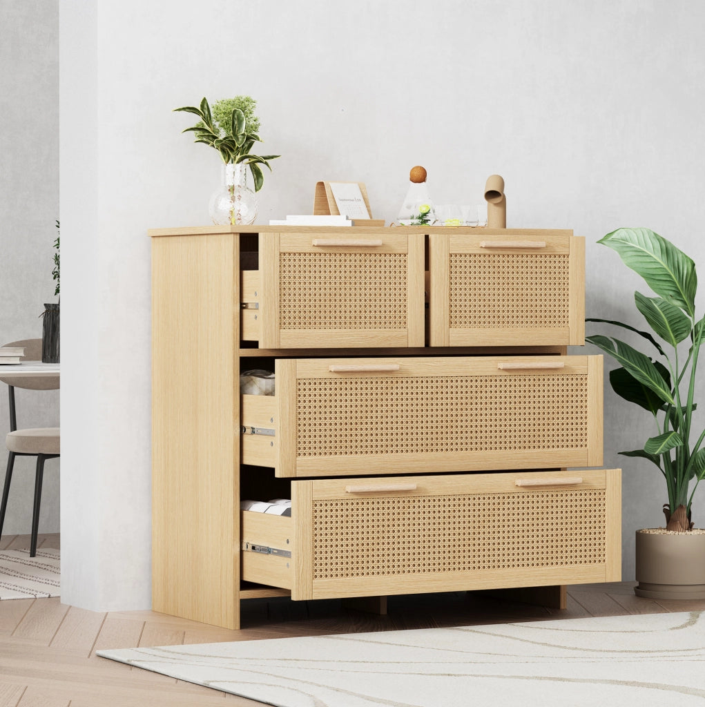 Cassettiera in MDF effetto rattan naturale con 4 cassetti 80x80x38 cm