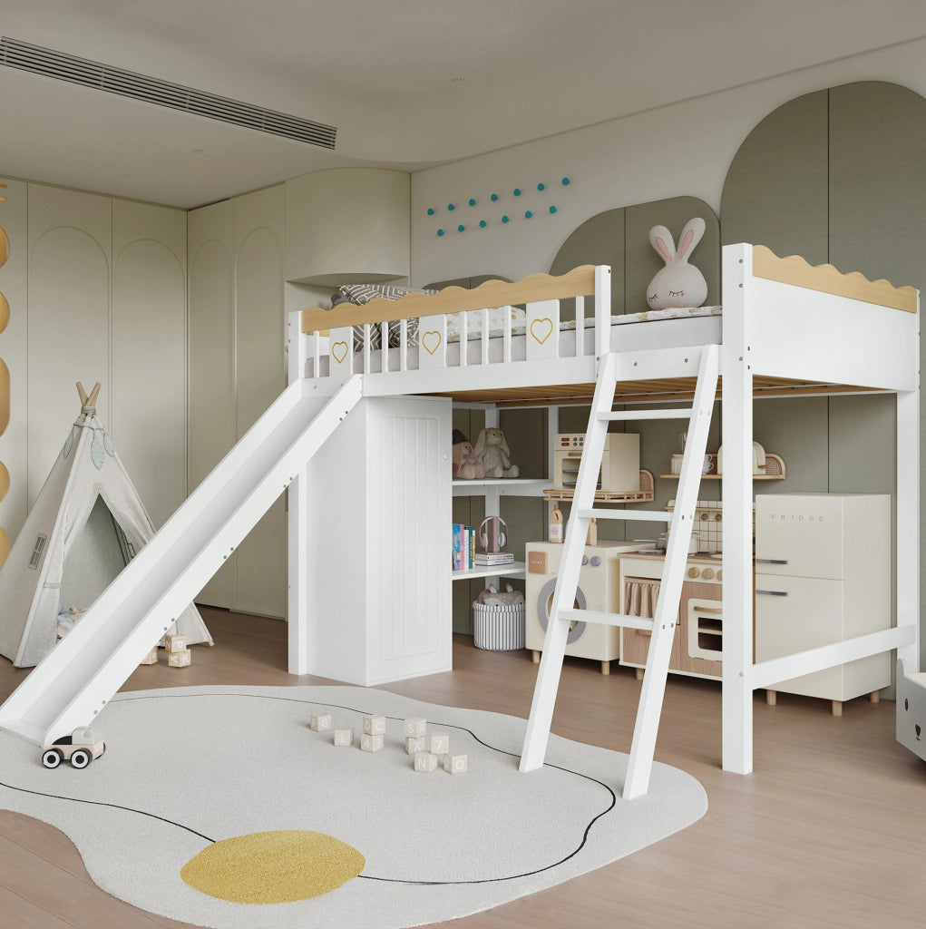Letto a soppalco per bambini 90x200 cm con scivolo, armadio e ripiano bianco/naturale