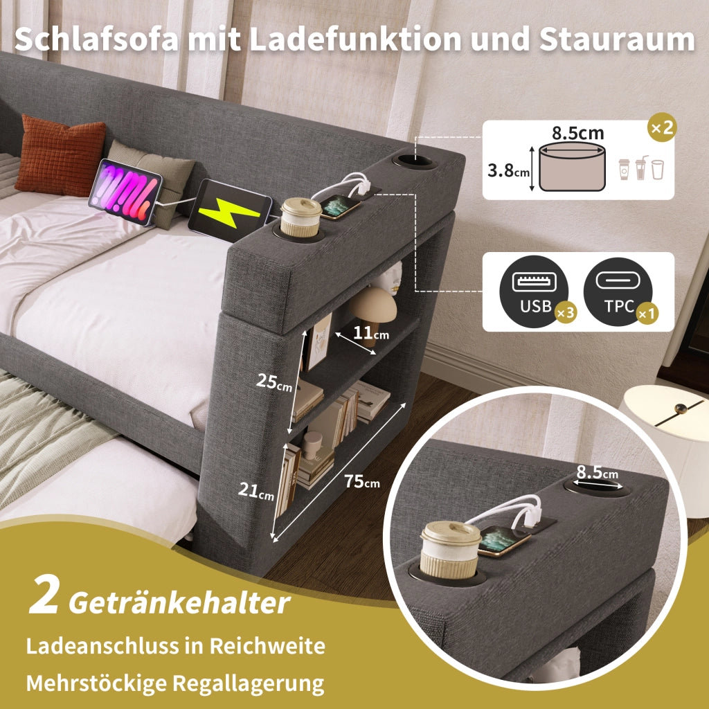 Letto con letto estraibile 90 × 190 cm con USB e Type-C portabevande braccioli reversibili cotone e lino grigio
