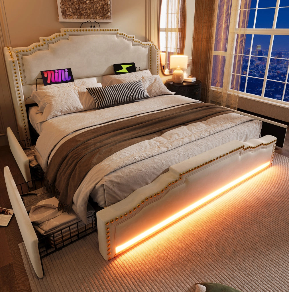 Letto imbottito beige 140 x 200 cm con LED, USB e 4 cassetti