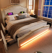 Letto imbottito beige 140 x 200 cm con LED, USB e 4 cassetti
