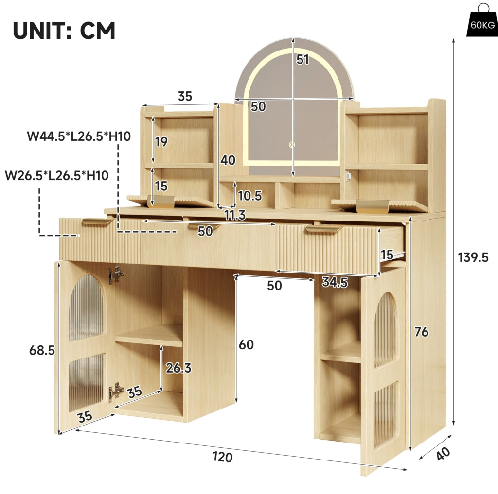 Toeletta ULEVR 120x40x139,5 cm con specchio LED dimmerabile, 3 cassetti e 2 vetrinette, naturale