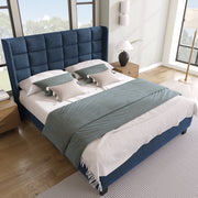 Letto matrimoniale 140x200 imbottito blu in lino con rete a doghe