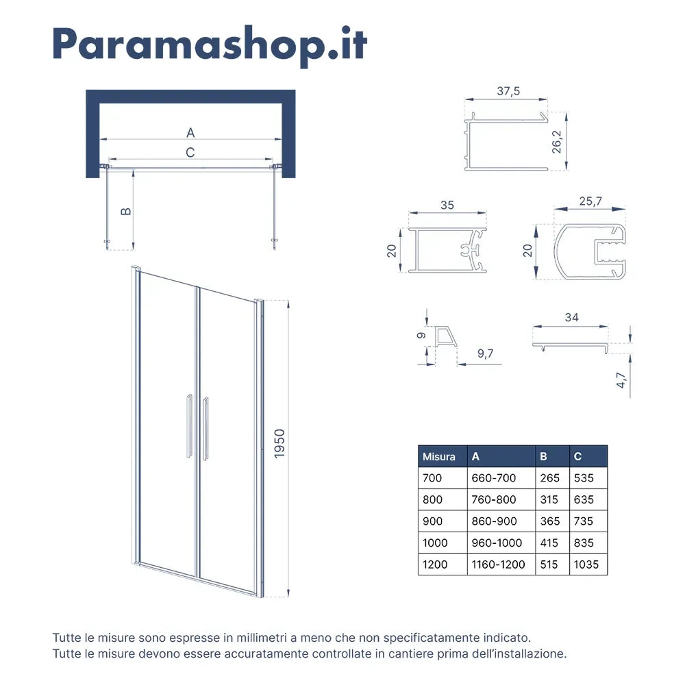 Porta doccia 70cm apertura saloon con profili nero opaco e vetro da 6mm fumè h195 | Elba