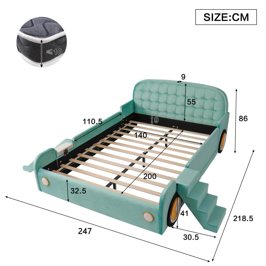 Letto per bambini a forma di auto con scivolo e scala 140x200 cm in velluto blu verde
