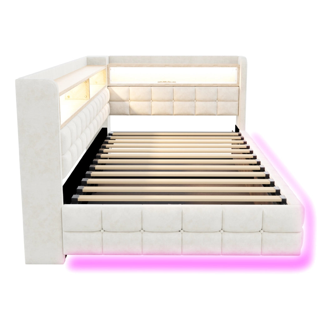 Divano letto 90 × 200 cm con vano contenitore idraulico LED prese USB e Tipo C rivestito in velluto beige