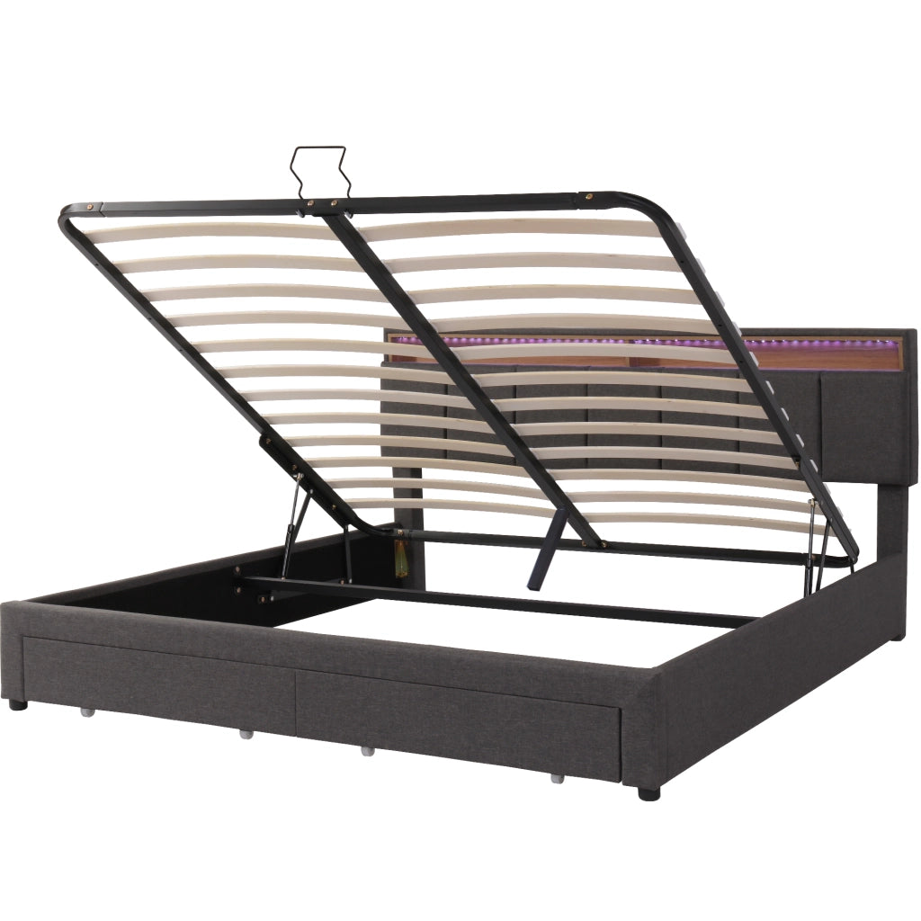 Letto imbottito matrimoniale 160x200 cm con LED; rete a doghe; contenitore; grigio scuro in lino e acciaio