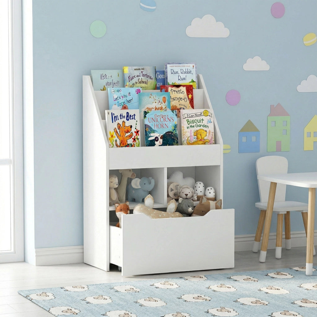 Libreria per Bambini con Ripiani e Cassetto in MDF Bianco, Scaffale Portagiochi Salvaspazio, 60x29.9x90cm