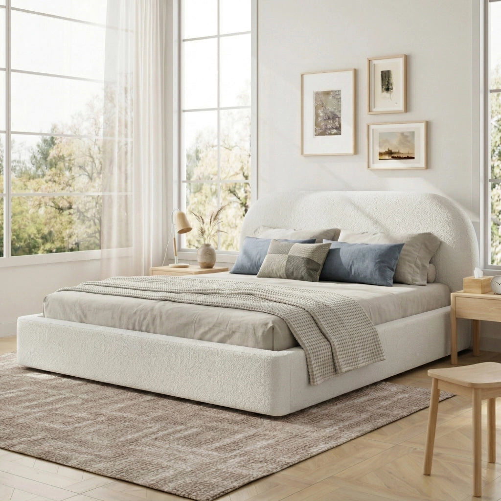 Letto imbottito con rete a doghe testiera imbottita in boucl¨¦ beige struttura con angoli arrotondati