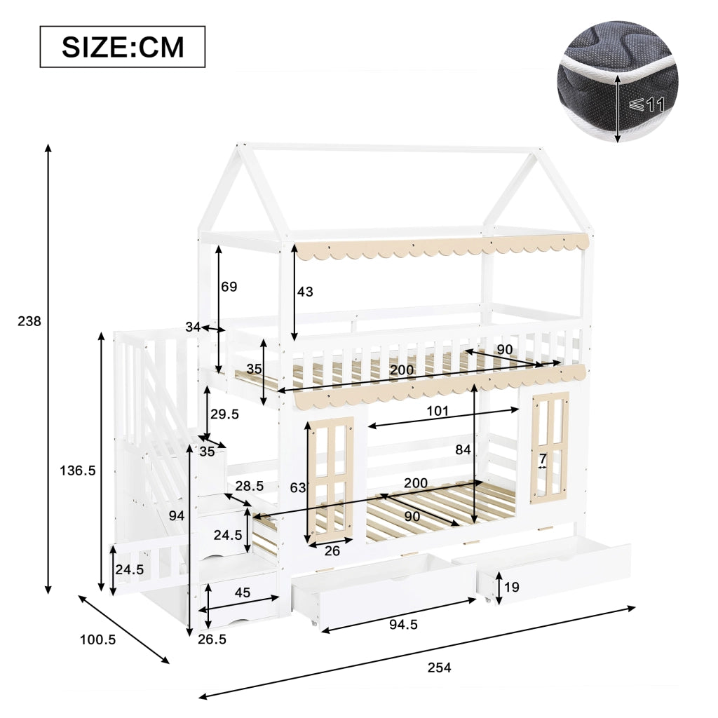 Letto a castello a casetta per bambini 90x200 cm in pino e MDF; bianco e naturale; con scala contenitore e 2 cassetti
