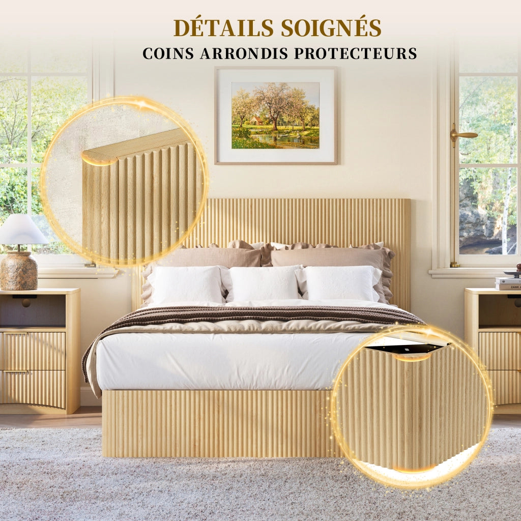 Letto contenitore 140 × 200 cm con sollevamento idraulico testiera a righe struttura in MDF e metallo rovere chiaro