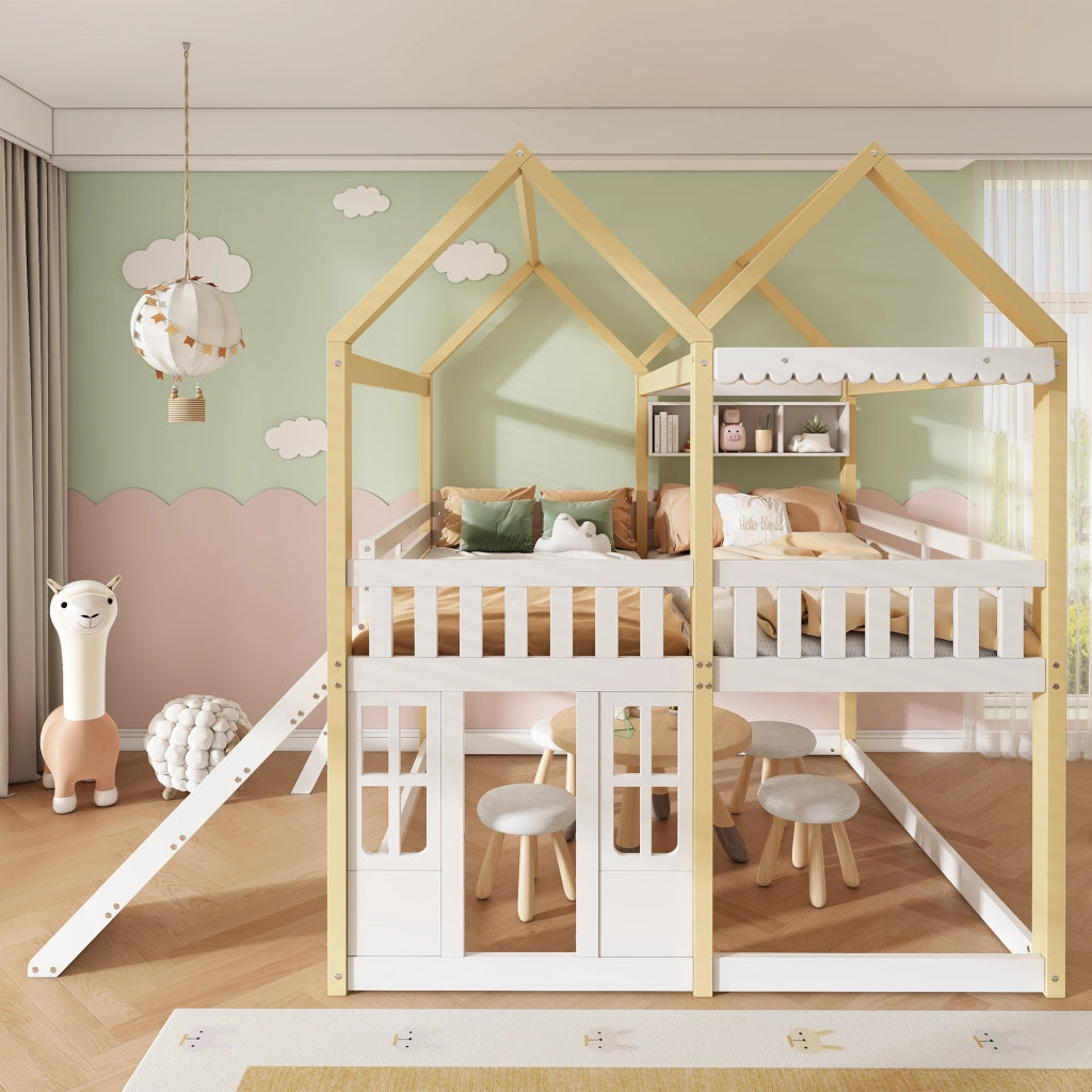 Letto a soppalco per bambini 90 × 200 cm con scivolo e scala reversibili in legno bianco e naturale