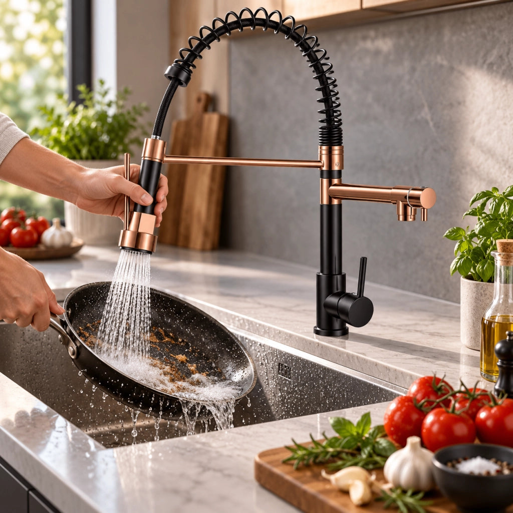 Rubinetto cucina moderno nero rame, testa estraibile 2 getti, rotazione completa 360°, antiruggine, kit montaggio completo per lavello cucina