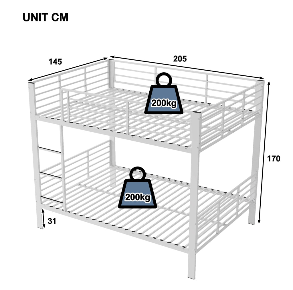 Letto a castello ULEVR 140x200 cm in metallo bianco opaco con barriera di sicurezza alta e scala