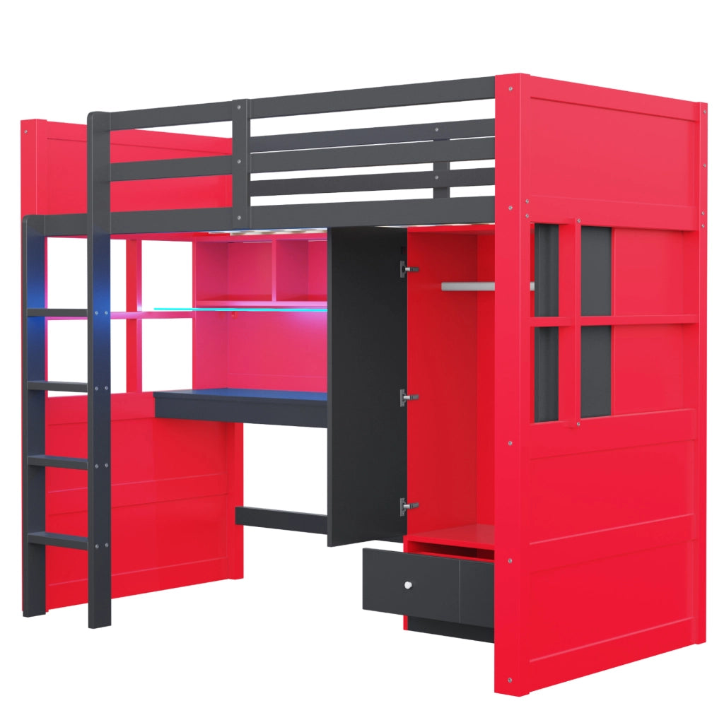Letto a castello 90x200 cm in legno con armadio, scrivania, cassetti e scala, stile gaming nero e rosso