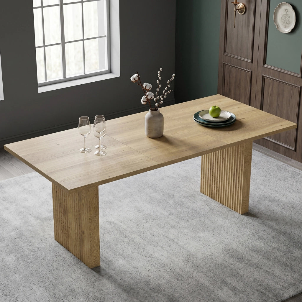 Tavolo allungabile rettangolare in MDF color rovere con piano da 3 cm e gambe a lamelle 140-200 × 90 × 75 cm