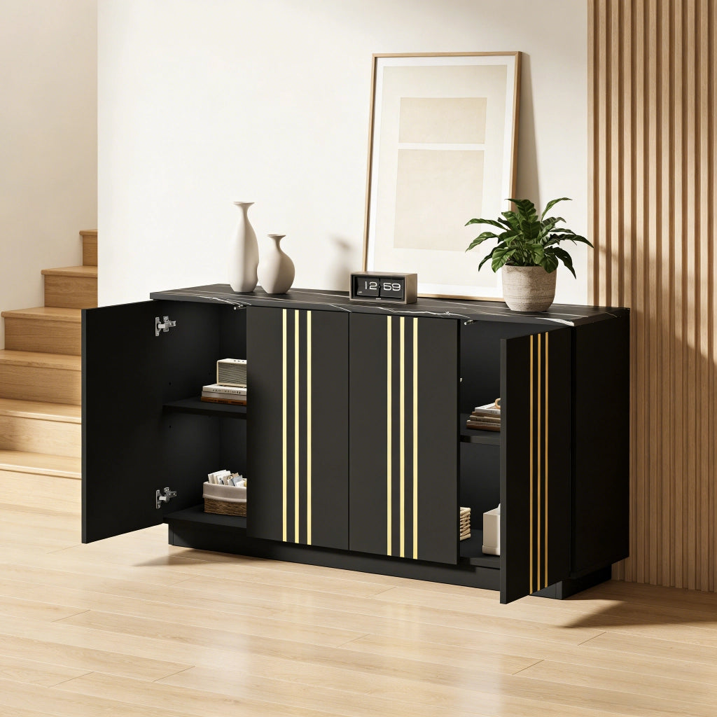 Credenza Soggiorno Nera e Oro 140 cm con 4 Ante e Ripiani Regolabili