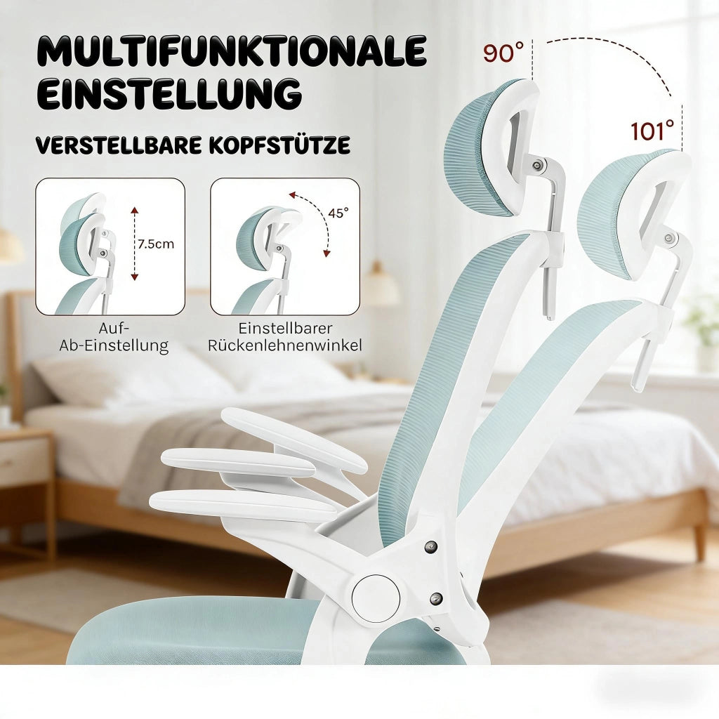 Sedia da ufficio ergonomica con schienale alto, supporto lombare e braccioli in rete blu