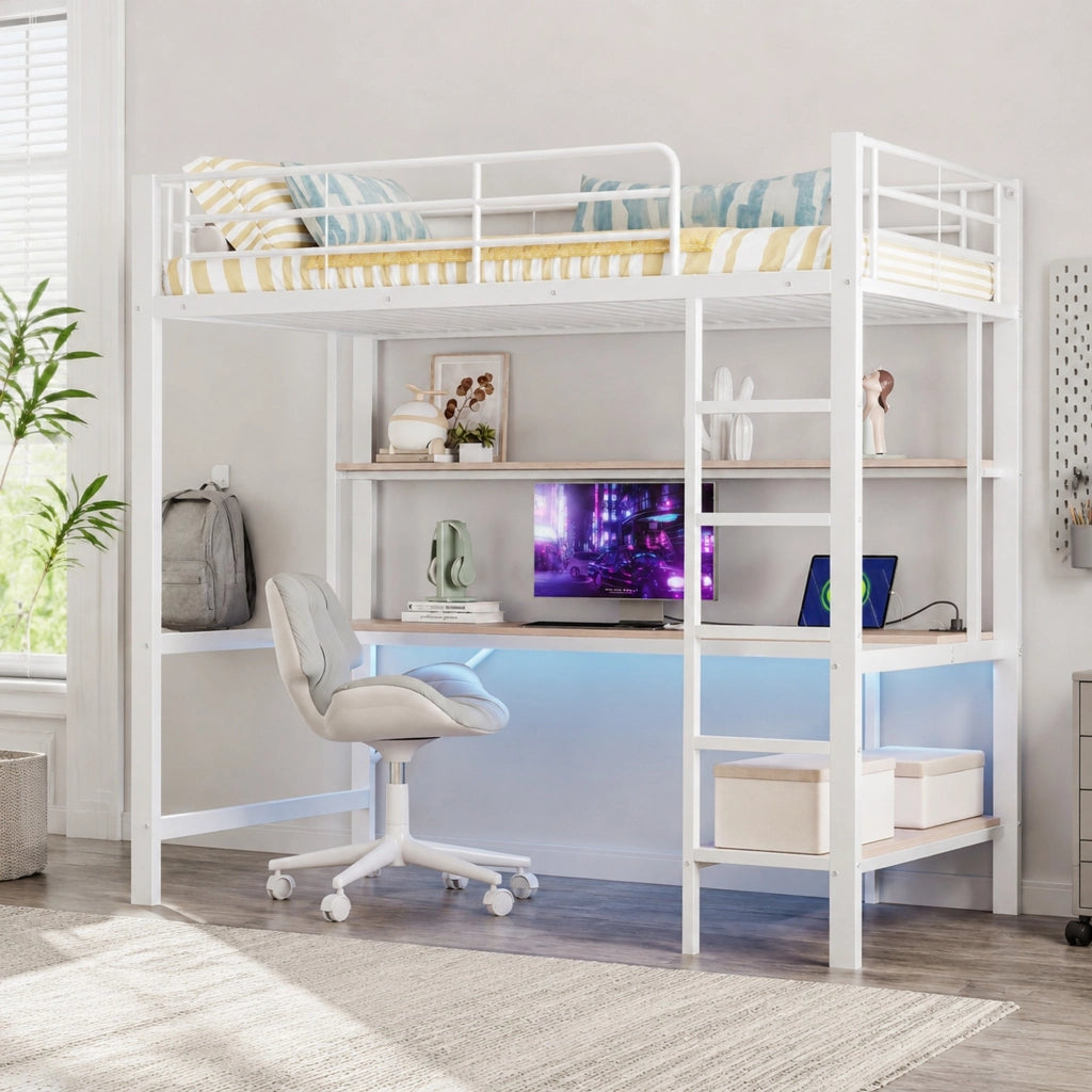 Letto a soppalco 90x200 cm con scrivania, LED e USB