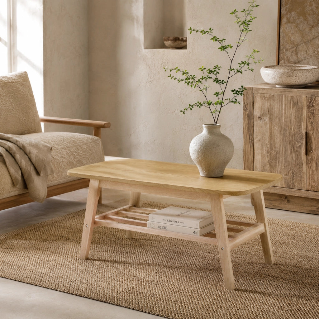 Tavolino basso fisso a due ripiani in legno con ampio spazio contenitore per soggiorno e ufficio 110 × 58 × 19 cm