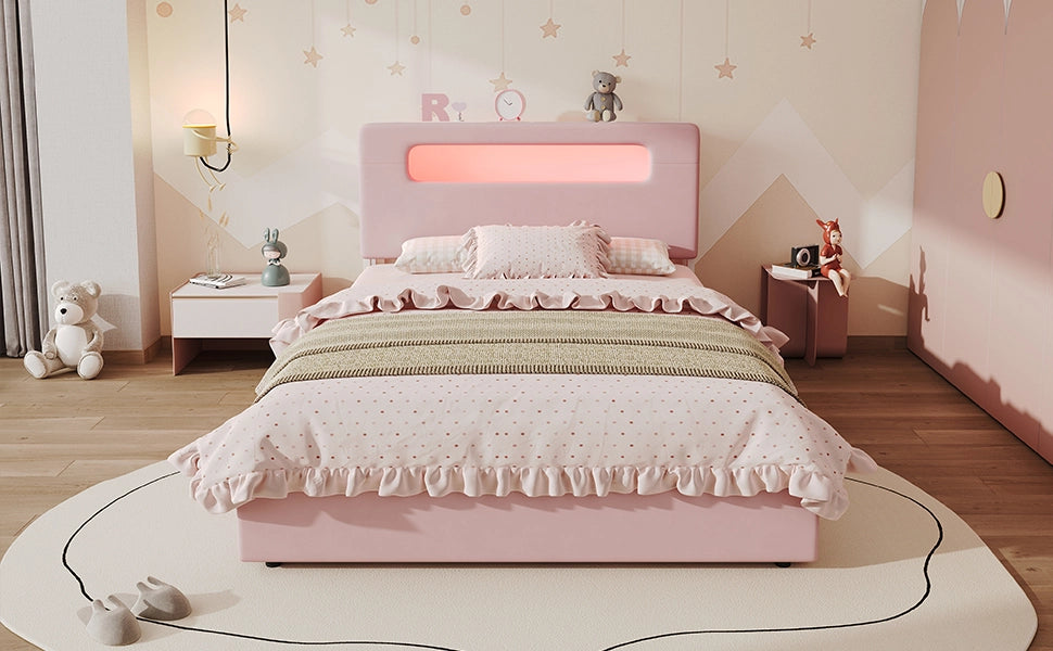 Letto imbottito 140x200 cm rosa con 4 cassetti; testiera con vani e LED con controllo app