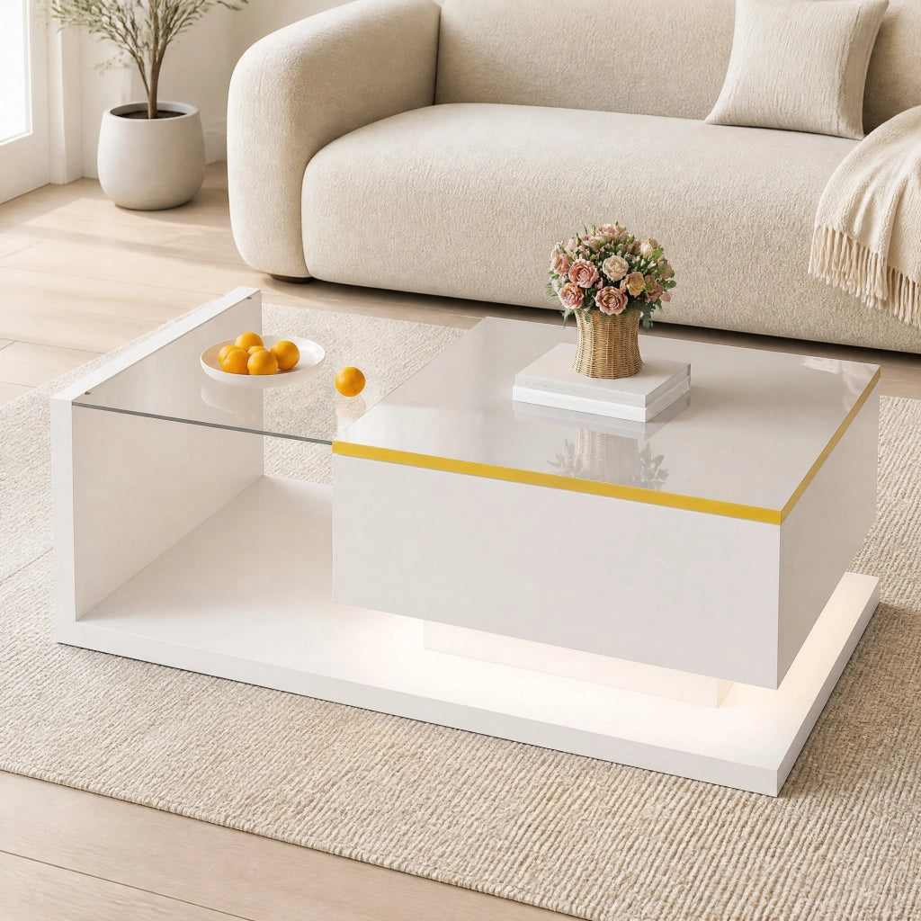 Tavolino da caffè 90x50 cm bianco lucido con vetro temperato e LED 16 colori