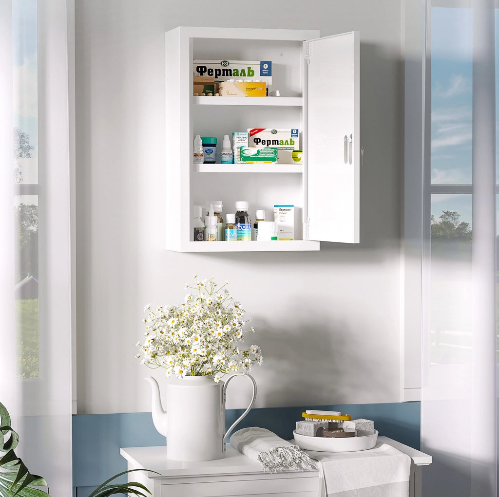 Armadio medicinale in acciaio bianco 30x14x46 cm con 3 ripiani, con chiusura a chiave e sicurezza bambini
