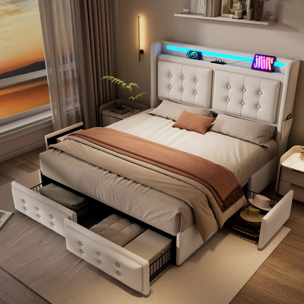 Letto matrimoniale 180 × 200 cm con LED USB tipo C quattro cassetti in cotone e lino beige rete a doghe inclusa