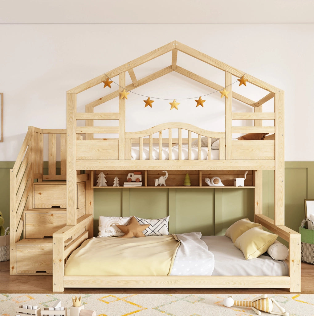 Letto a castello per bambini in legno naturale con scala e guardaroba integrato 90x200/140x200 cm, design sicuro e funzionale