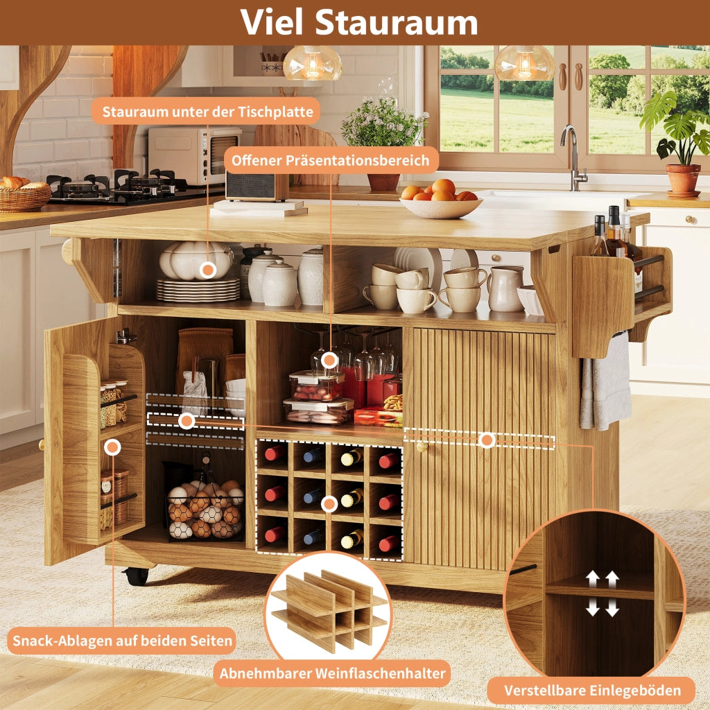 Carrello da cucina mobile con prolunghe pieghevoli; ripiani regolabili e portabottiglie estraibile in MDF naturale