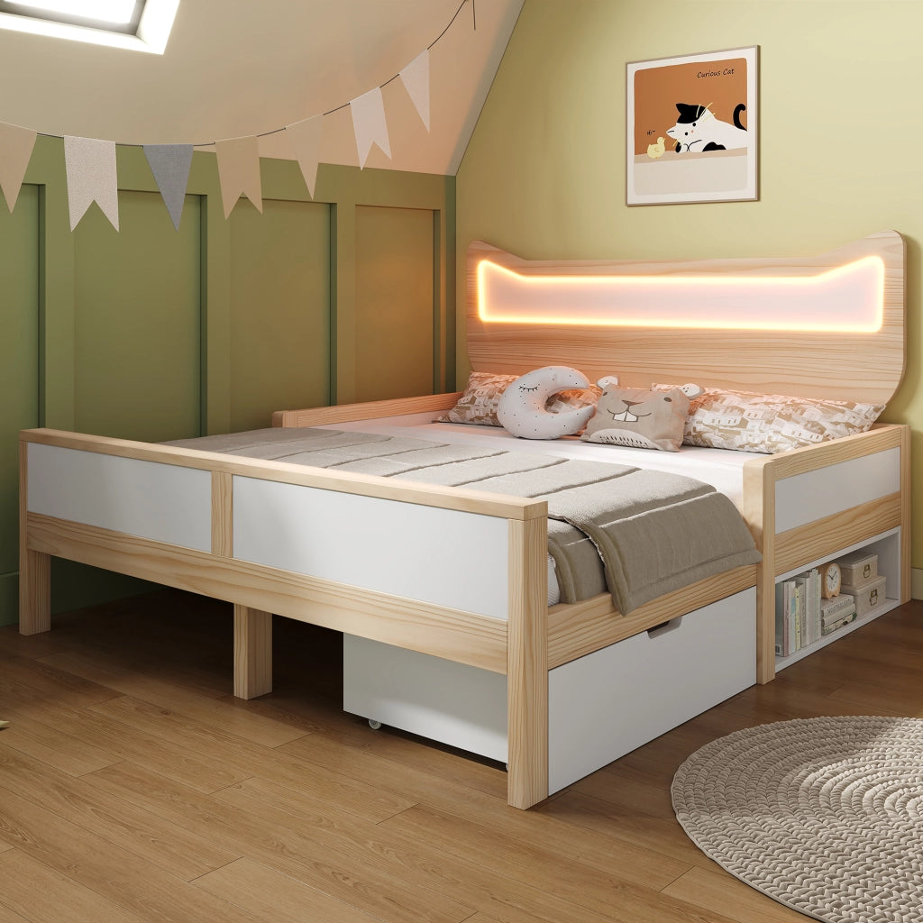 Letto 140x200 con LED RGB e Testiera a Forma di Gatto; Struttura in Legno Bianco e Rovere con Cassetti Reversibili