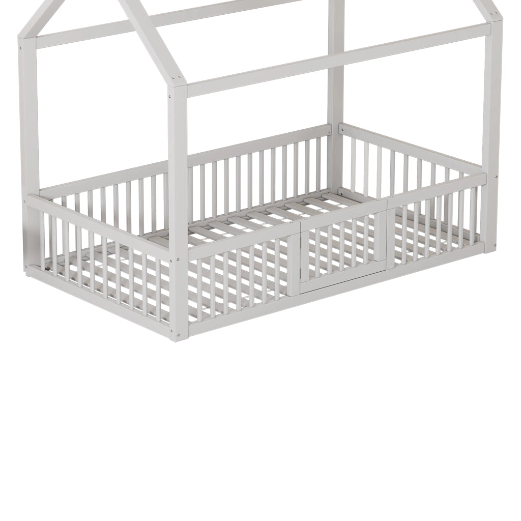 Letto casetta per bambini 90 × 200 cm con barriera e porta apribile; senza materasso; in pino e MDF; bianco