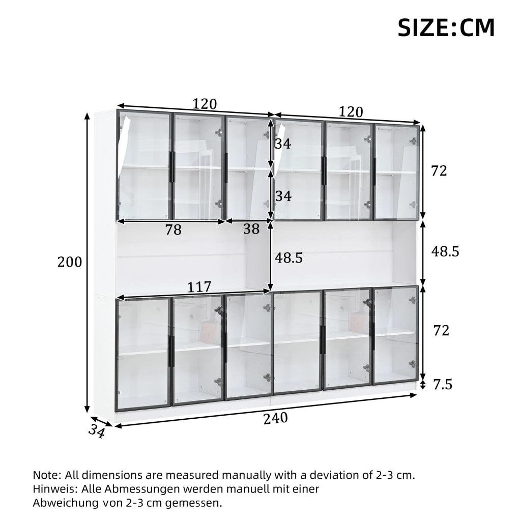 Vetrina bianca in MDF con 12 ante in vetro, illuminazione LED controllabile via app, 240x34x200 cm