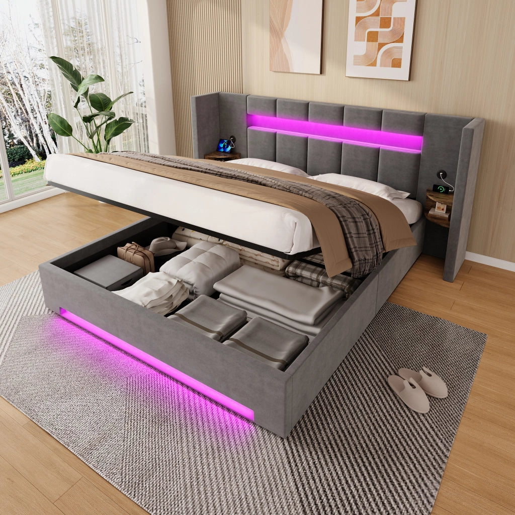 Letto matrimoniale 160 × 200 cm con vano idraulico, LED, USB e armadietti, senza materasso, velluto grigio scuro