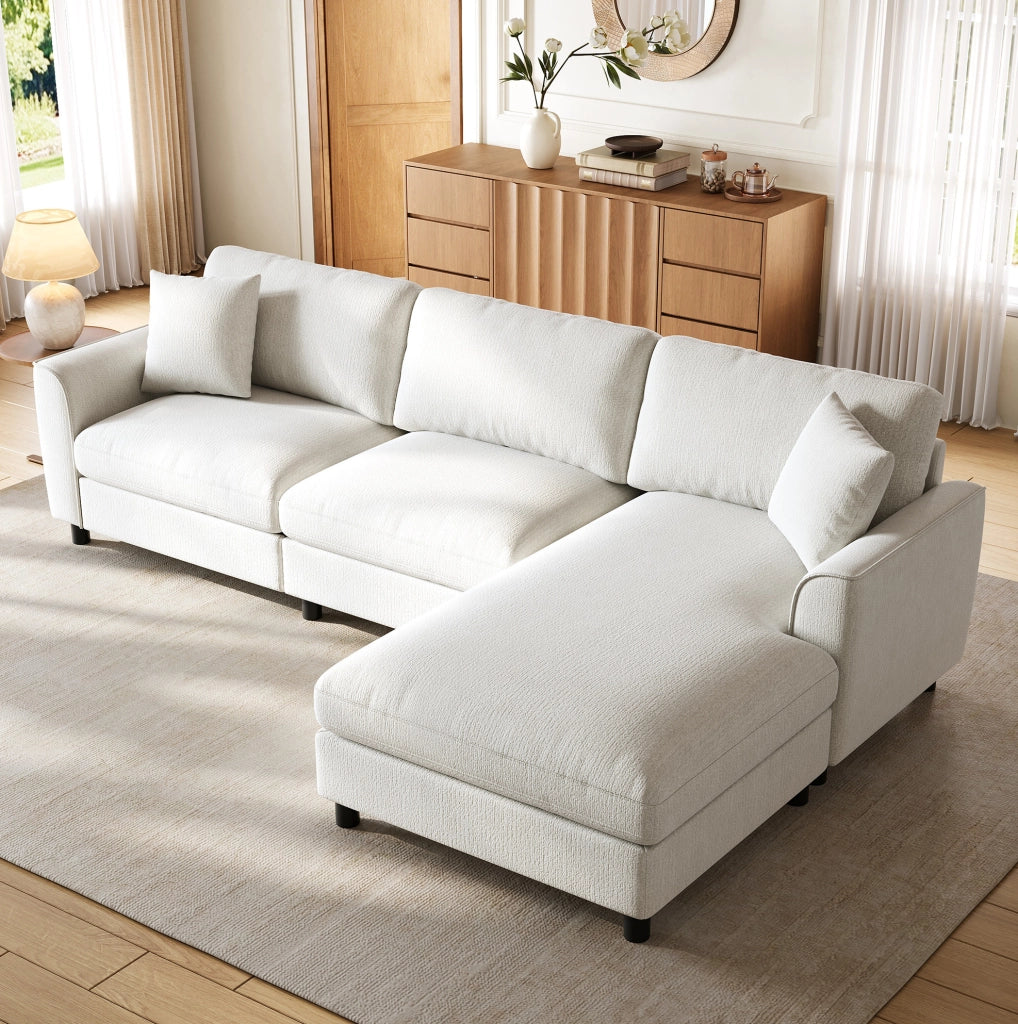 Divano angolare modulare beige in chenille con letto largo 90 cm e struttura in legno e metallo, 256×137×79 cm