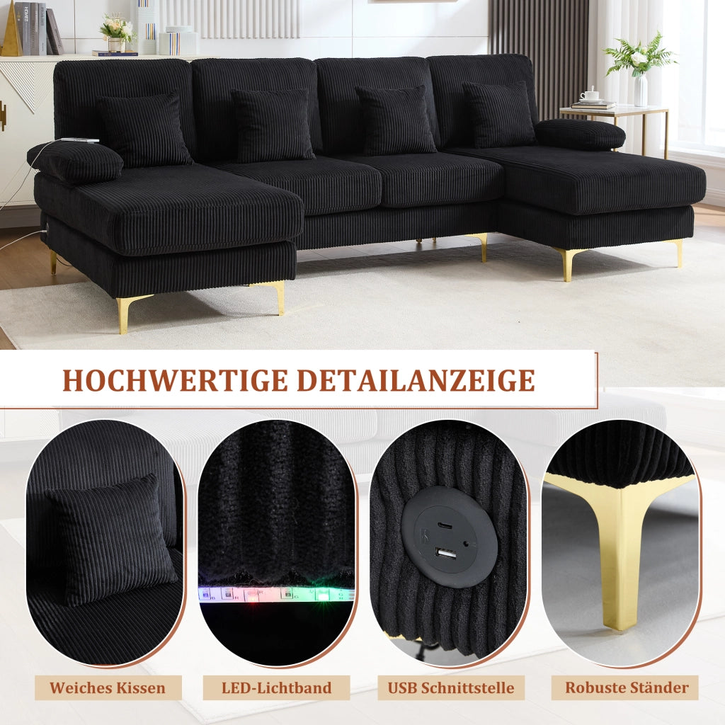 Divano a U con LED e porta USB; 265x135x88 cm; in velluto nero