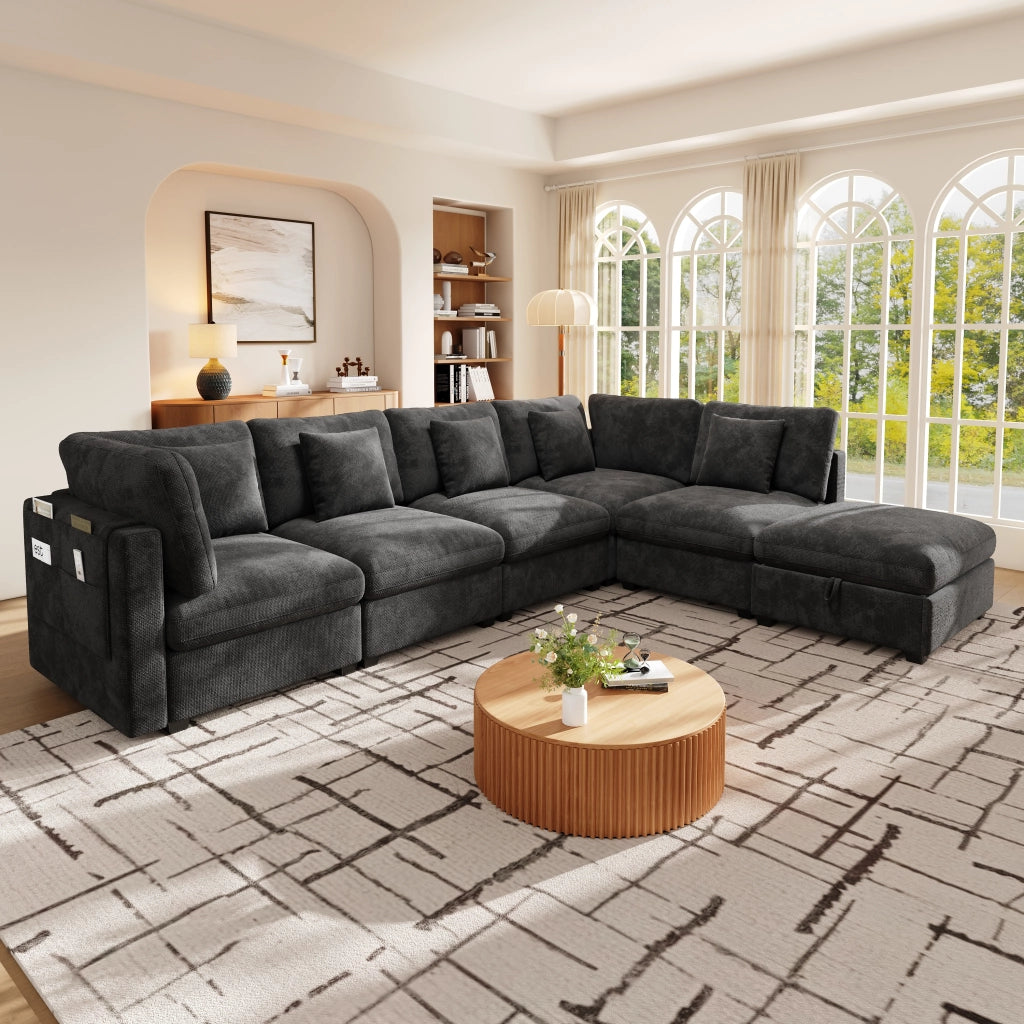 XXL divano angolare regolabile 6 posti a sedere; con funzione letto reale; pouf cassettiera; cuscini decorativi 5; ciniglia - grigio