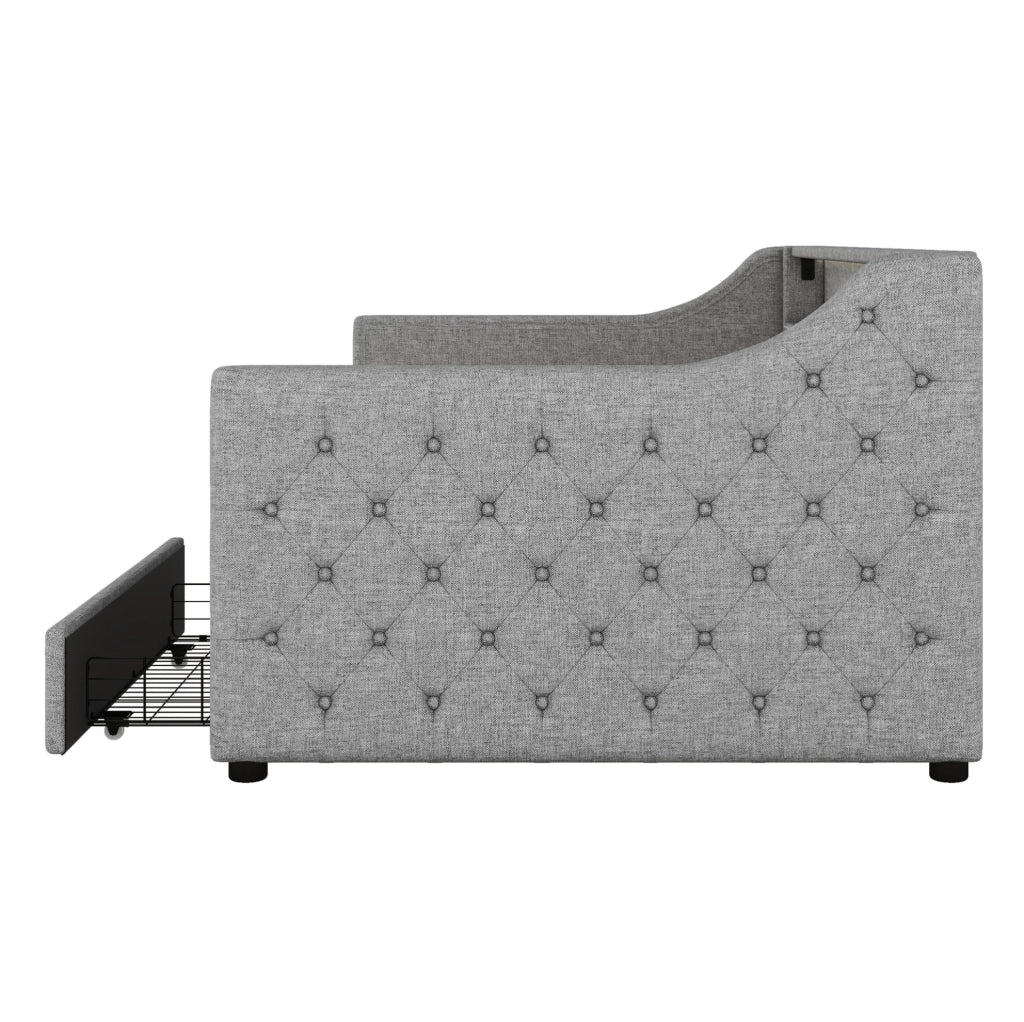 LETTO Giorno 90x200 cm in lino e MDF grigio con LED, USB e 2 cassetti