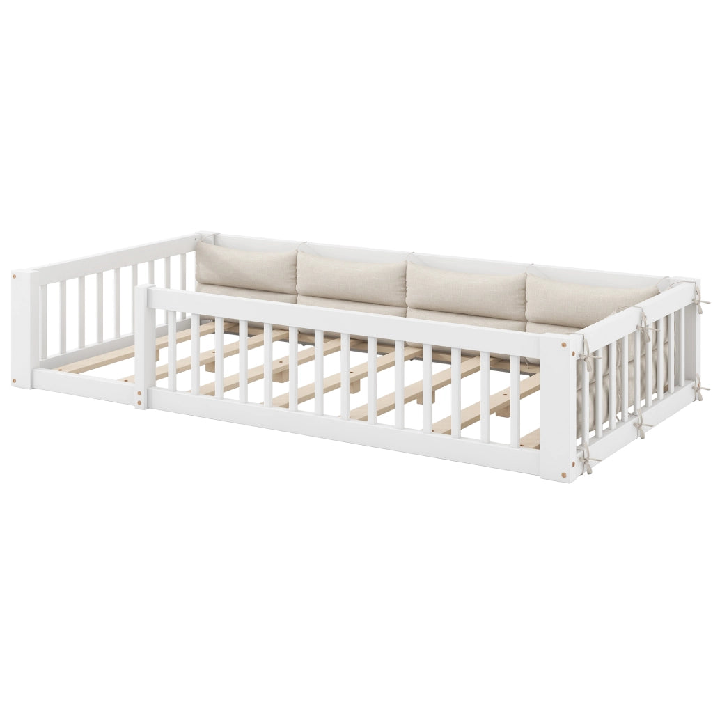 Letto a piattaforma 90 x 200 cm, legno massiccio e MDF, bianco, con barriere di sicurezza e cuscini