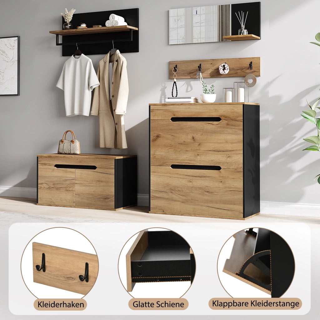 Set guardaroba con armadio, cassetto, specchio, 2 scarpiera, cappelliera e 4 ganci, scarpiera con panca, nero e legno, 156 x 36 x 176 cm