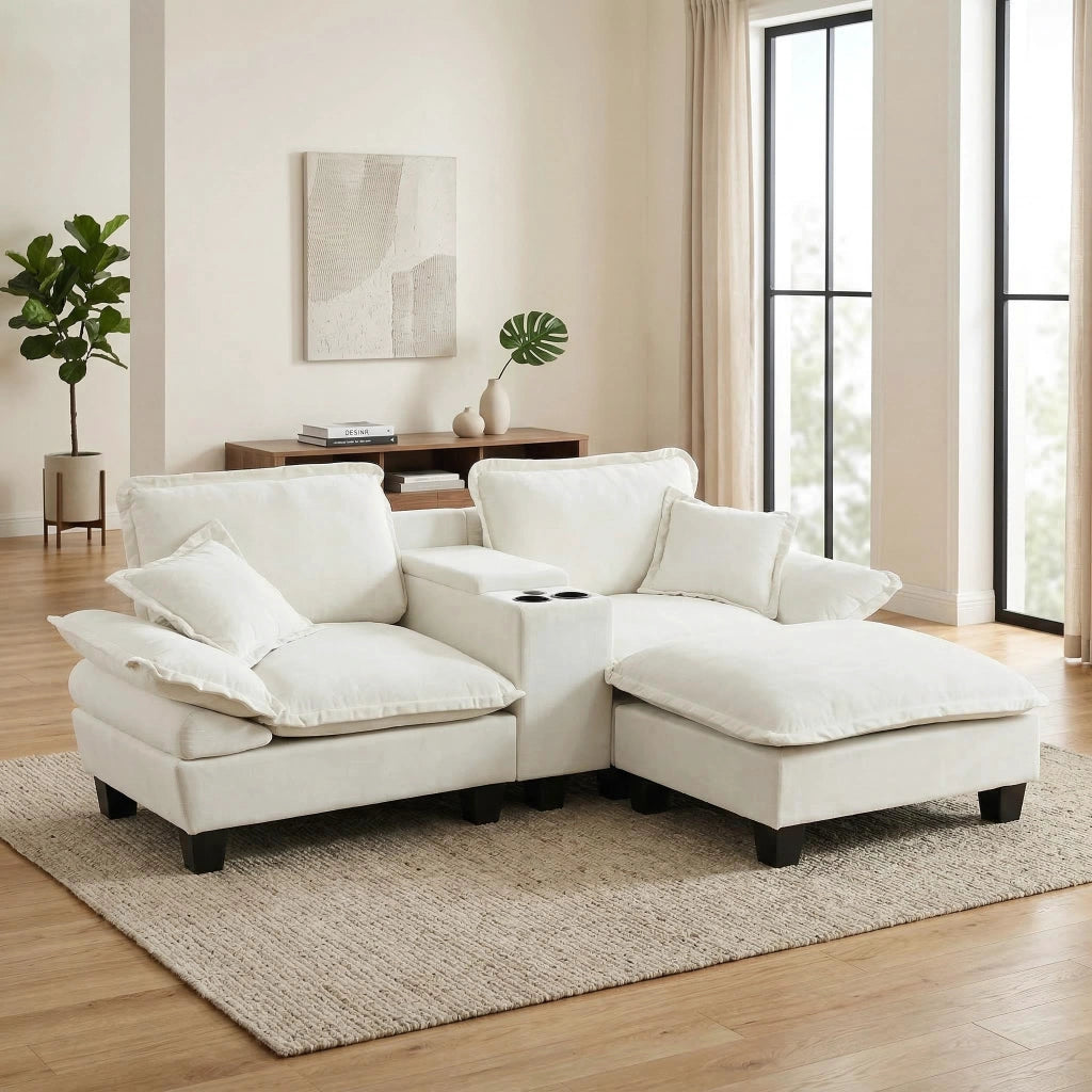 Divano Angolare Modulare con Ottomane ¨C MINIMAL ¨C Chenille Beige, Portabicchieri, USB, Cuscini