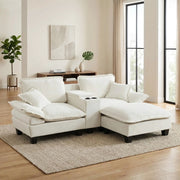 Divano Angolare Modulare con Ottomane ¨C MINIMAL ¨C Chenille Beige, Portabicchieri, USB, Cuscini