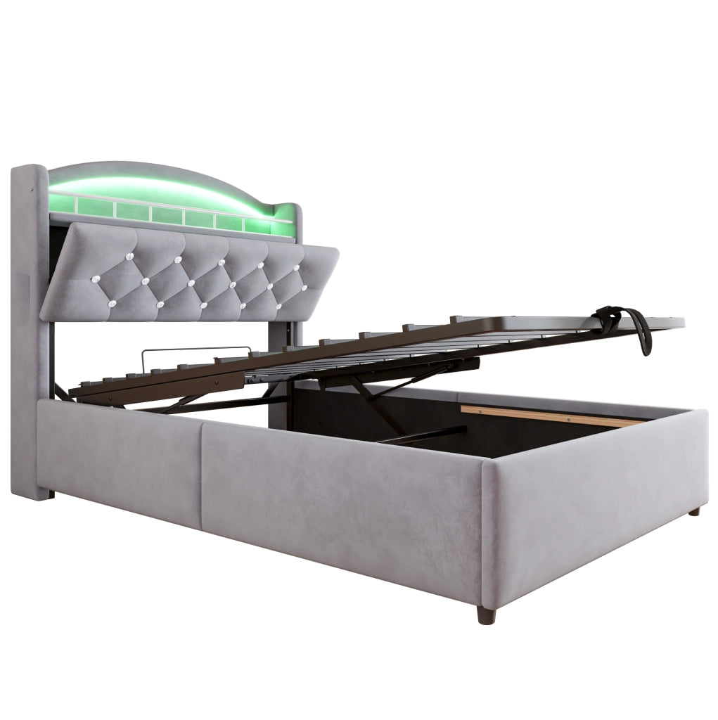 Letto imbottito per bambini 90x200 cm con contenitore, LED, USB e portaoggetti, grigio