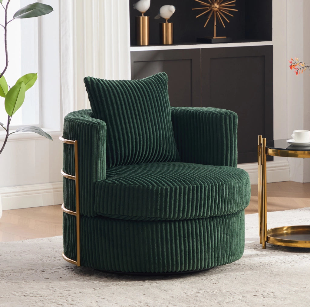 Poltrona girevole 360 gradi 76x79x78 cm verde smeraldo in velluto a coste con vano portaoggetti