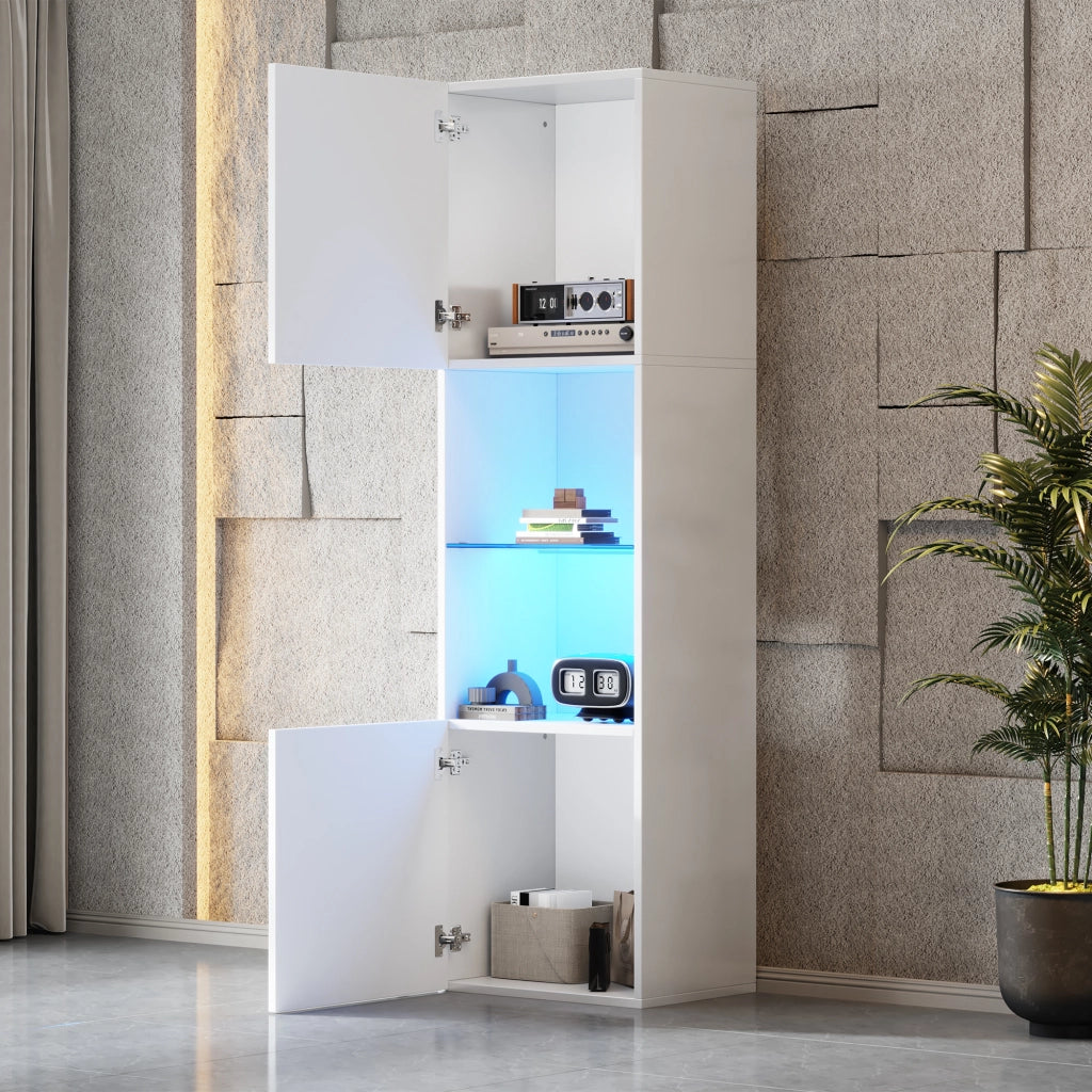 Vetrina alta con LED Bluetooth e ripiano in vetro temperato in truciolare bianco lucido 45 × 35 × 160 cm