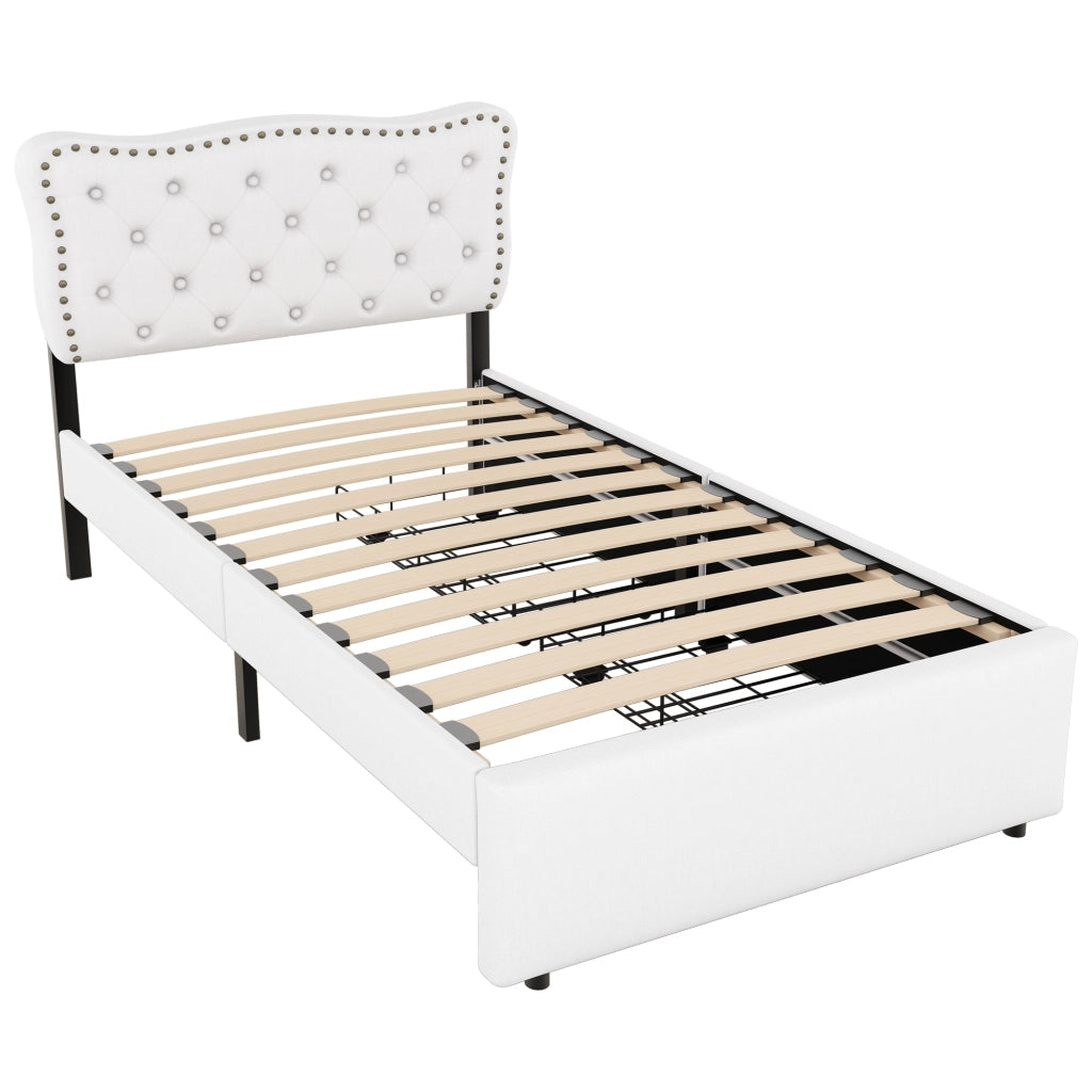 Letto con cassetti 90 × 200 cm imbottito in tessuto di lino MDF beige chiaro testiera regolabile con borchie decorative