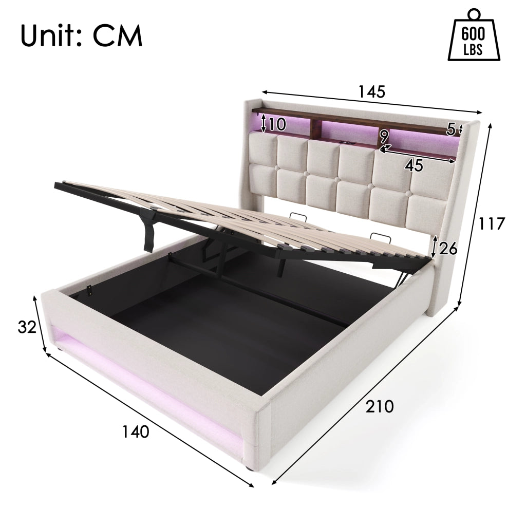 Letto imbottito con USB, LED e contenitore, 140x200 cm, lino