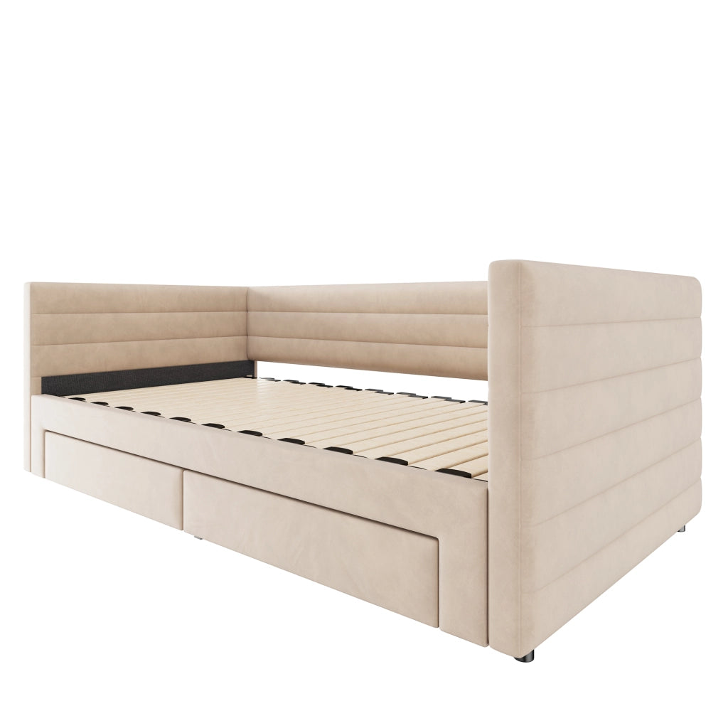 Divano letto 3 in 1 90 × 190 cm estensibile a 180 × 190 cm con 2 cassetti rivestito in cotone e lino beige